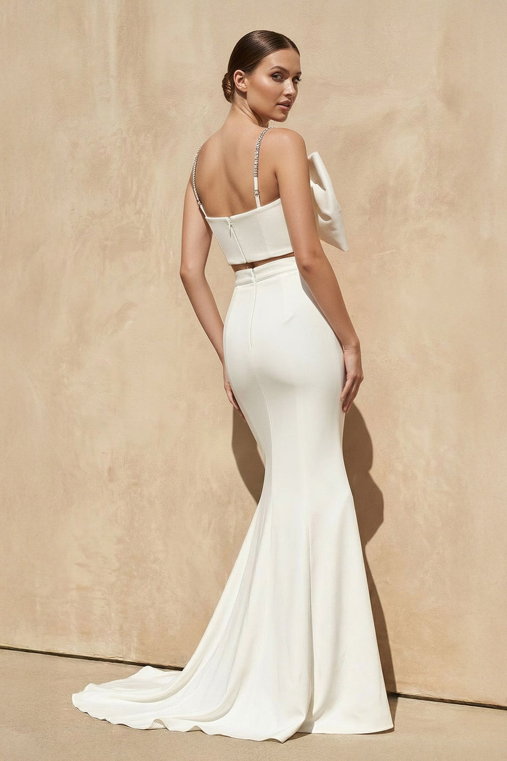 Two - Piece Mermaid Gown With Bow in White - KissProm