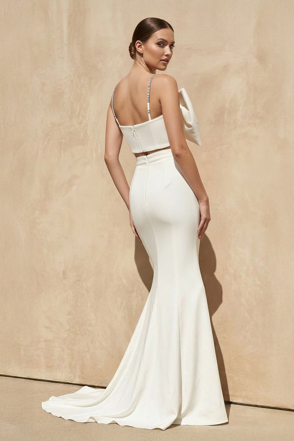 Two - Piece Mermaid Gown With Bow in White - KissProm