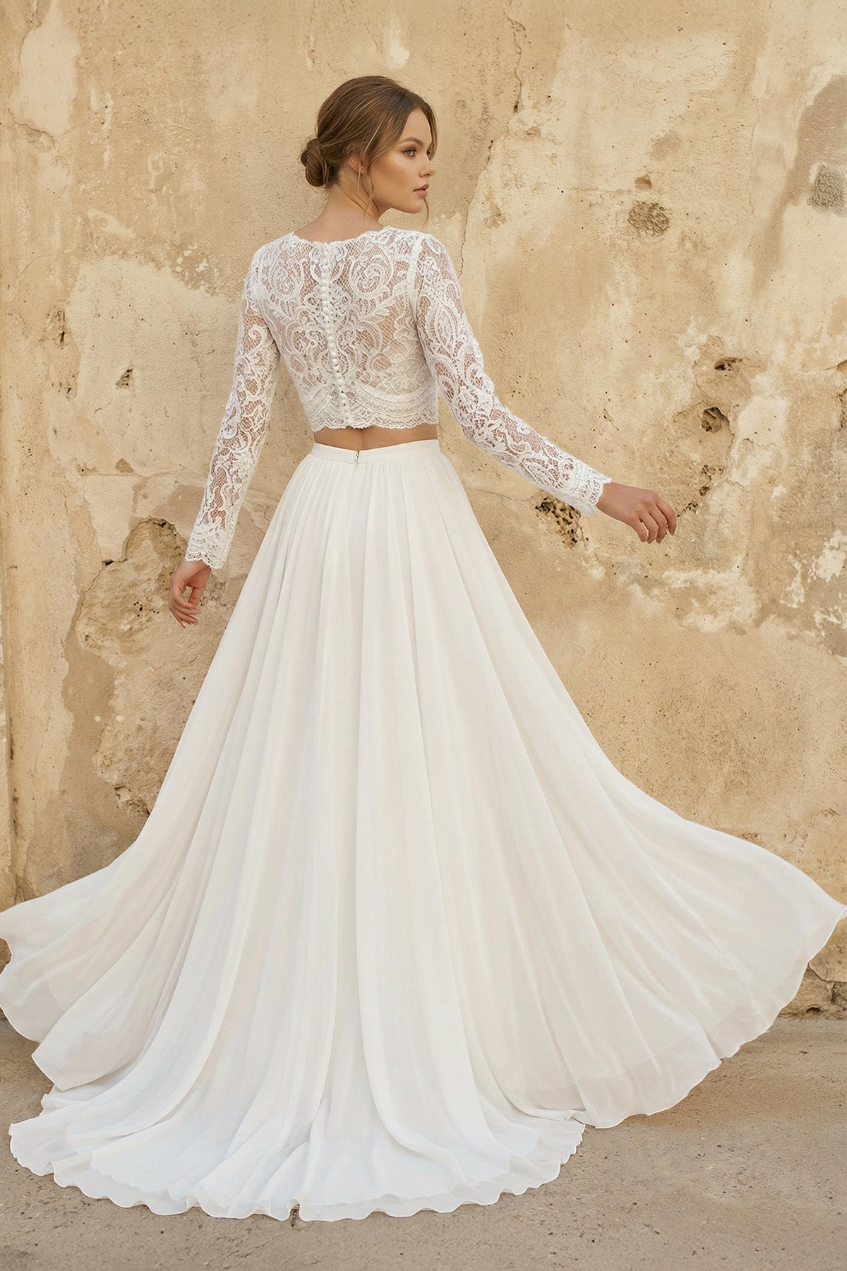 KissProm Two Piece V-neck Wedding Dress with Sweep Train Lace Long Sleeves, Diamond White / 16