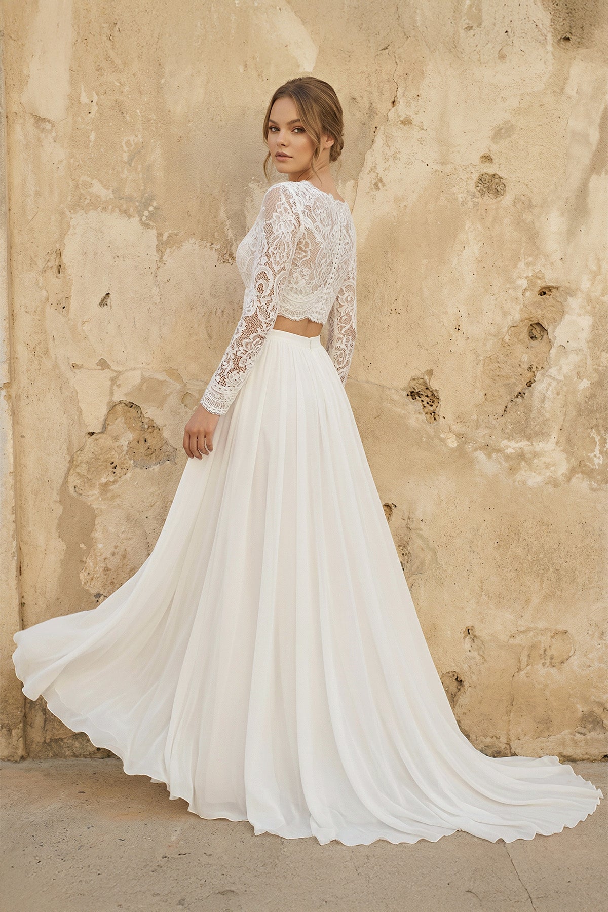 lace wedding dress train A-Line Empire Sweep-Brush Satin COCOMELODY CW3095, 25 Days / Ivory / US12-UK14-EUR42 making it a wise choice for the discerning bride KissProm Two Piece V-neck Wedding