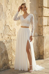 Iroha | Two Piece V-neck Wedding Dress with Sweep Train Lace Long Sleeves