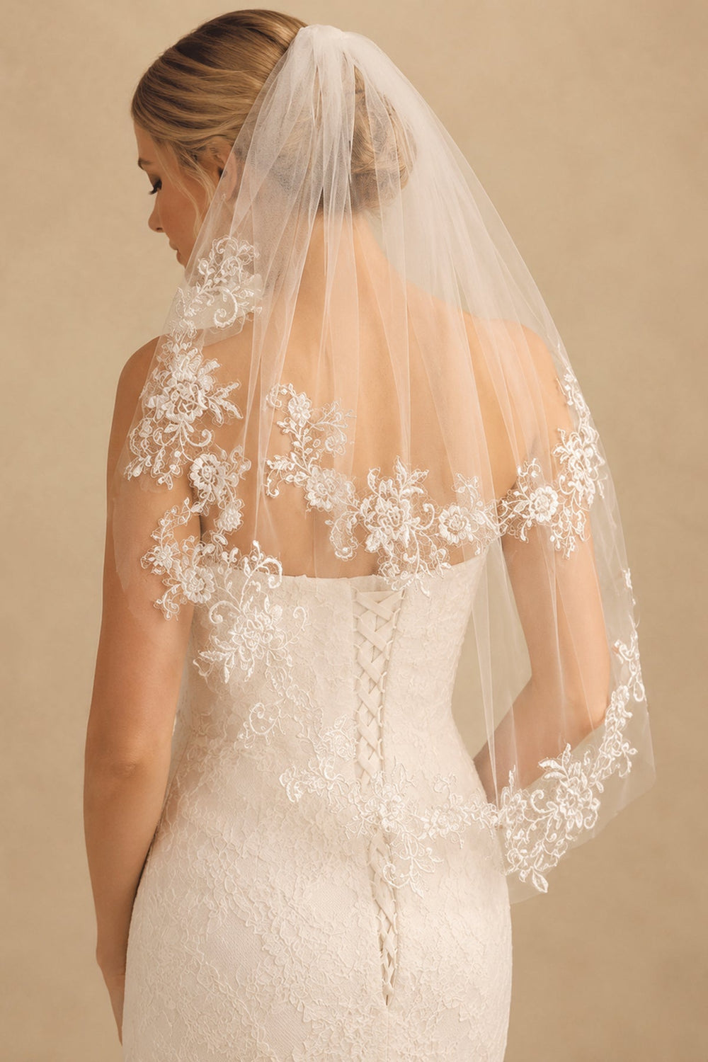 Two Tier Short Bridal Veils Lace Mid Length Wedding Veil in Ivory - KissProm Wedding Veils
