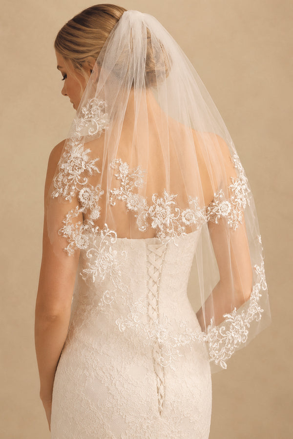 Two Tier Short Bridal Veils Lace Mid Length Wedding Veil in Ivory - KissProm Wedding Veils