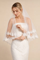 Two Tier Wedding Veils Hip Length Lace Hem Bridal Veil in Ivory - KissDress