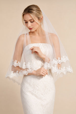 Two Tier Wedding Veils Hip Length Lace Hem Bridal Veil in Ivory - KissDress