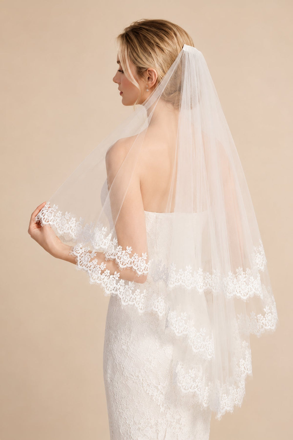 Two Tier Wedding Veils Hip Length Lace Hem Bridal Veil in Ivory - KissProm Wedding Veils