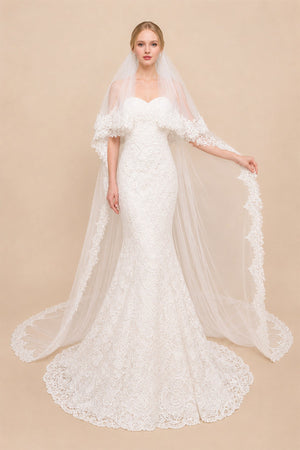 Two Tiers Lace Cathedral Veils in White - KissProm Wedding Veils