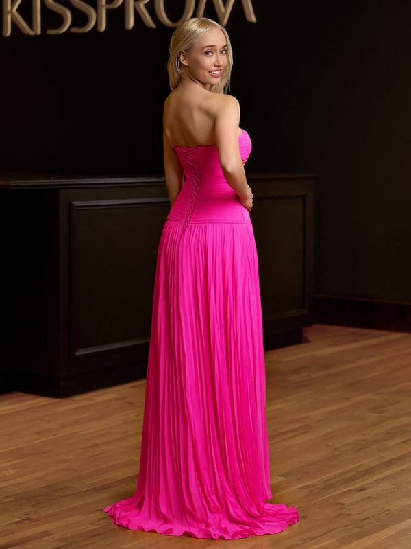strapless hot pink prom dress Sweetheart Keyhole Pleated A-Line Prom Dress, Pink / 10
