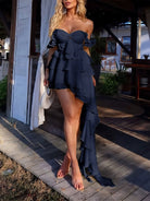 Ulani | Navy Blue - Off The Shoulder A Line Chiffon Ruffles Short Homecoming Dress - KissProm