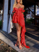 Ulani | Red - Off The Shoulder A Line Chiffon Ruffles Short Homecoming Dress