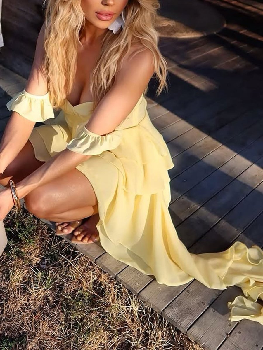 Ulani | Yellow - Off The Shoulder A Line Chiffon Ruffles Short Homecoming Dress