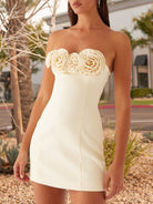 Ulirae | Champagne - Strapless Satin Sheath Short Homecoming Dresses With Flowers