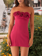 Ulirae | Fuchsia - Strapless Satin Sheath Short Homecoming Dresses With Flowers
