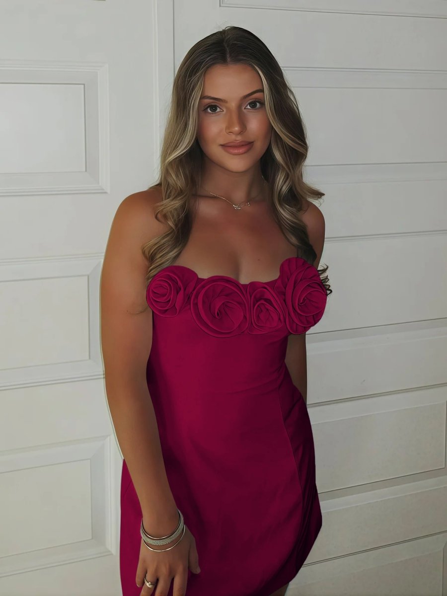 Ulirae | Fuchsia - Strapless Satin Sheath Short Homecoming Dresses With Flowers