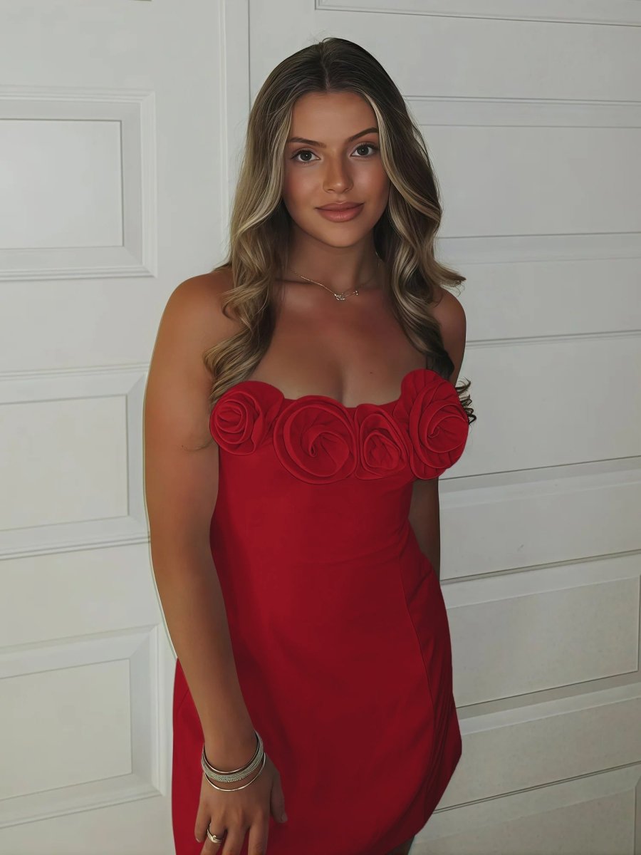 Ulirae | Red - Strapless Satin Sheath Short Homecoming Dresses With Flowers
