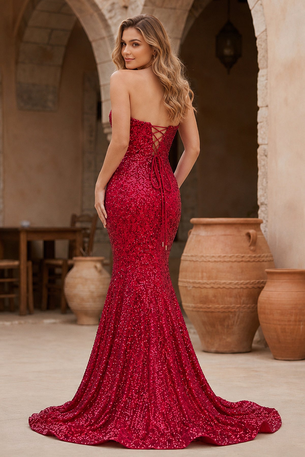 KissProm Red Mermaid Sweetheart Neck Sequins Long Prom Dresses, Red / 6