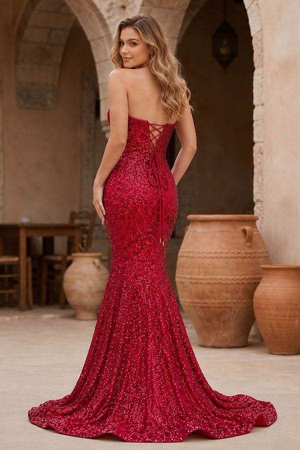 Red Mermaid Sweetheart Neck Sequins Long Prom Dresses - KissProm