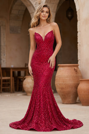 Red Mermaid Sweetheart Neck Sequins Long Prom Dresses - KissProm