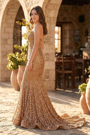 Golden Mermaid Sweetheart Neck Sequins Long Prom Dresses - Kissprom
