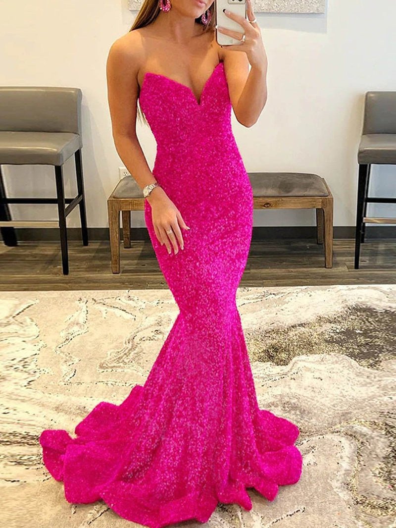 Ulissa| Red Mermaid Sweetheart Neck Sequins Long Prom Dresses - KissProm