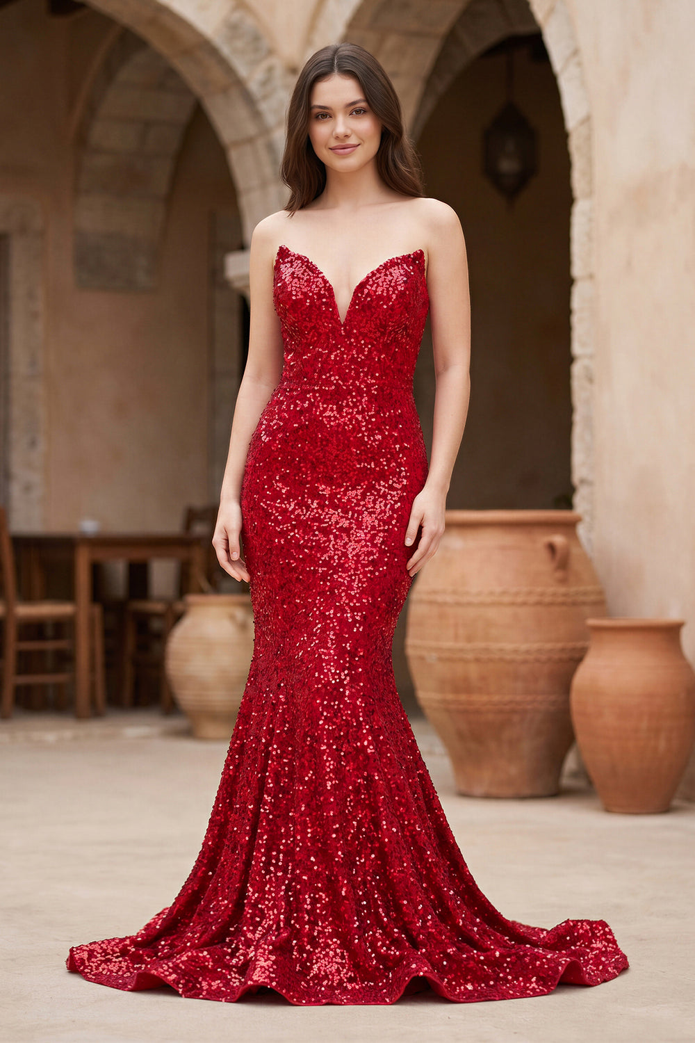 Red Mermaid Sweetheart Neck Sequins Long Prom Dresses - Kissprom