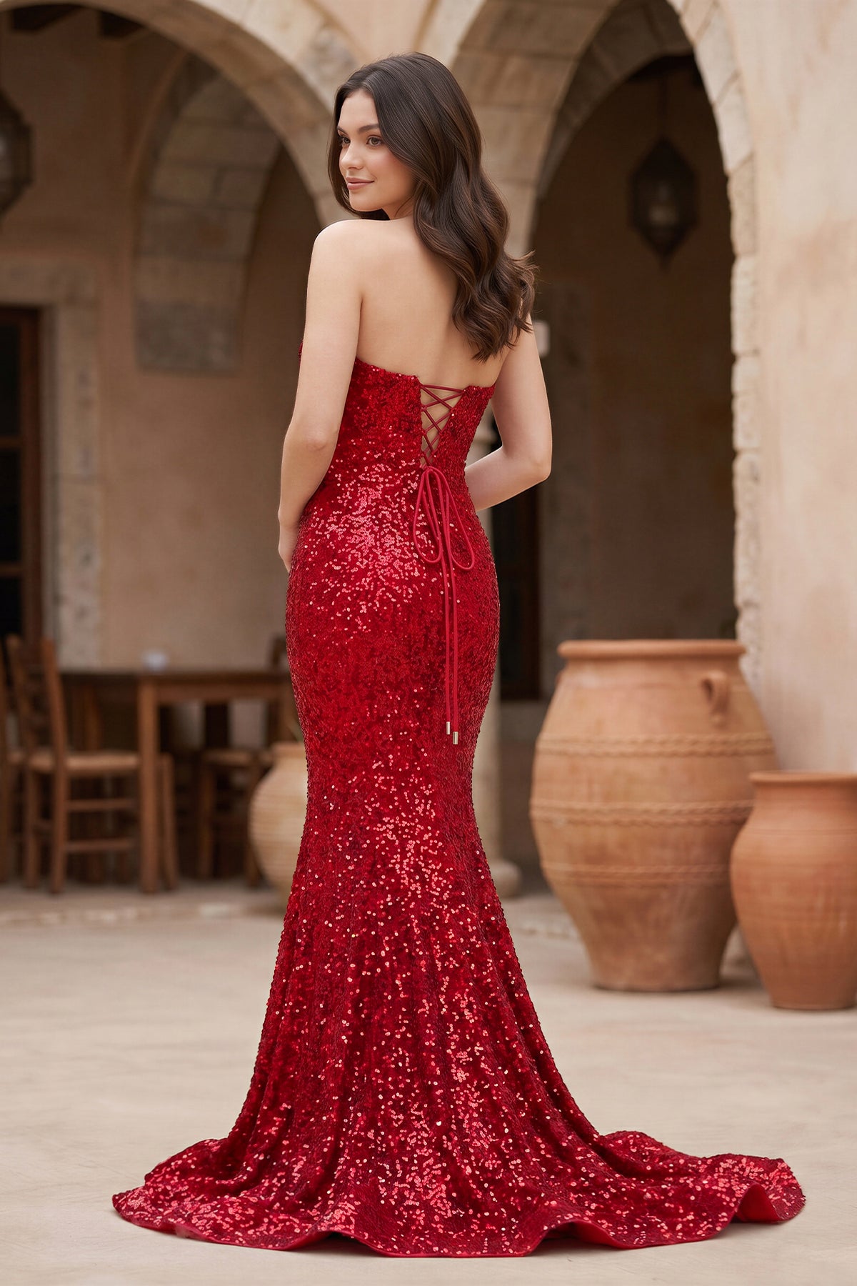 KissProm Red Mermaid Sweetheart Neck Sequins Long Prom Dresses, Red / 6