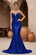 Red Mermaid Sweetheart Neck Sequins Long Prom Dresses - KissProm