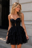 Black Strapless A Line Chiffon Ruffled Homecoming Dress With Bow - KissProm 
