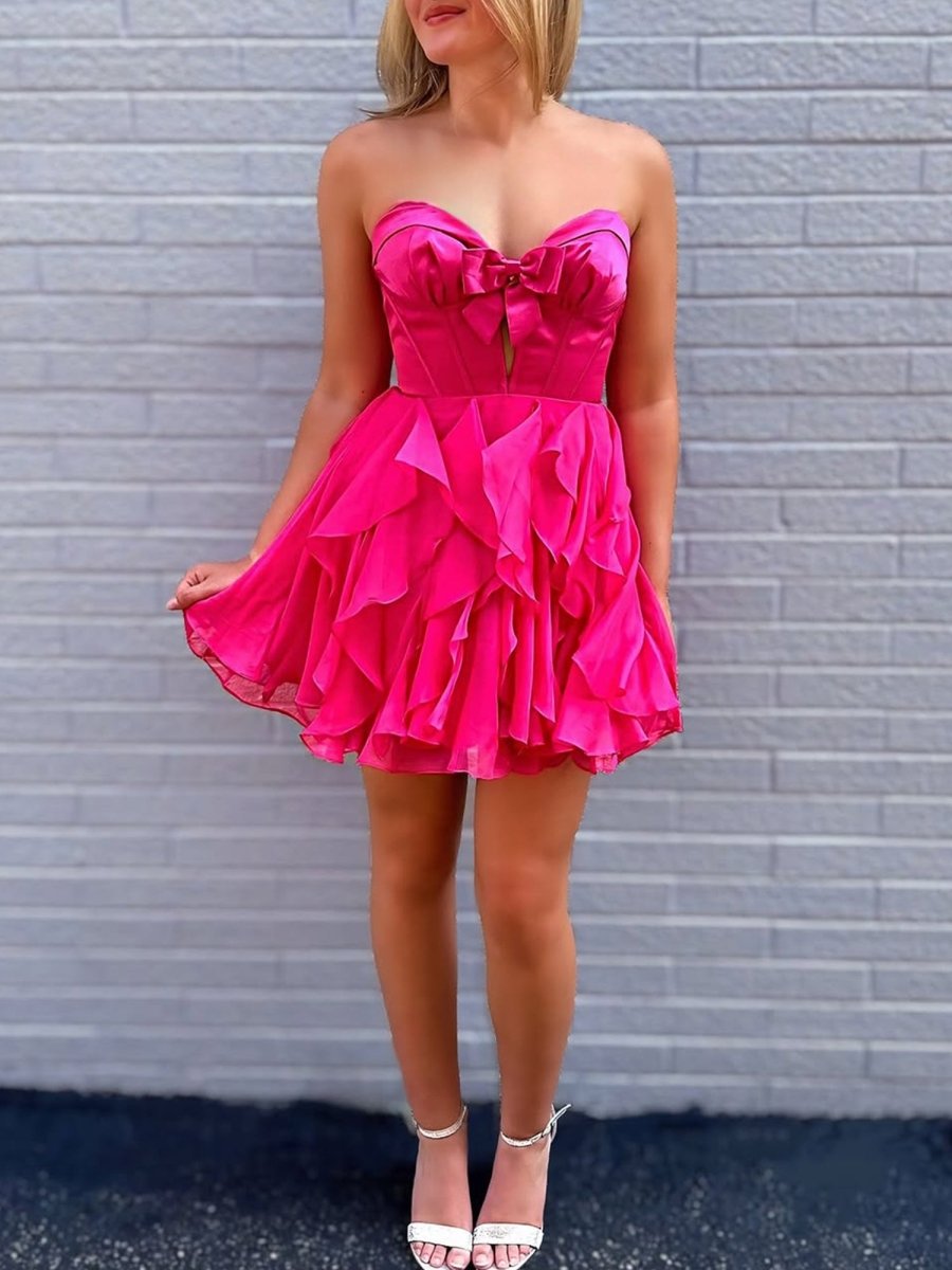 Umbra | Fuchsia - Strapless A Line Chiffon Ruffled Homecoming Dress With Bow