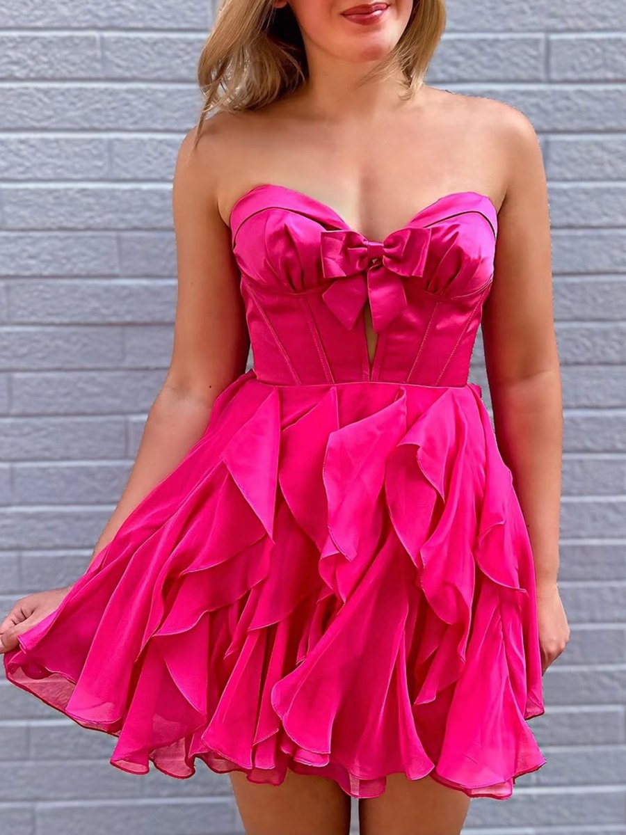 Umbra | Fuchsia - Strapless A Line Chiffon Ruffled Homecoming Dress With Bow