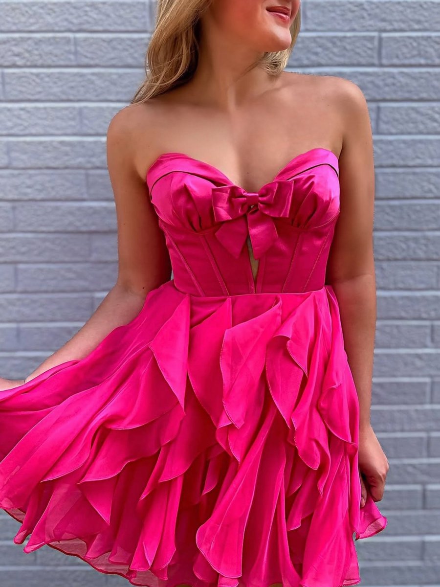 Umbra | Fuchsia - Strapless A Line Chiffon Ruffled Homecoming Dress With Bow