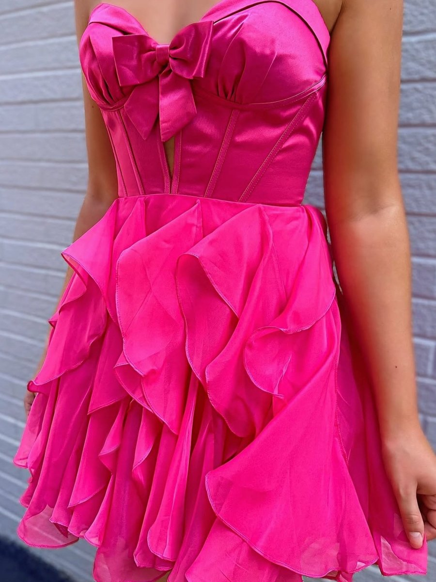 Umbra | Fuchsia - Strapless A Line Chiffon Ruffled Homecoming Dress With Bow