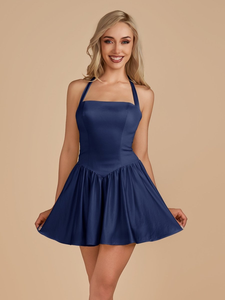 Undine Navy Blue Halter A Line Satin Short Homecoming Dress
