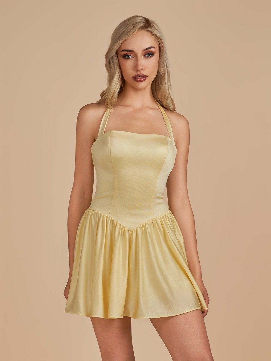 Undine | Yellow - Halter A Line Satin Short Homecoming Dress