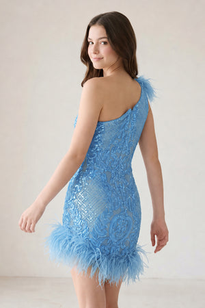 Blue Unique Bodycon One Shoulder  Sequins Lace Short Homecoming Dresses with Feather - KISSPROM