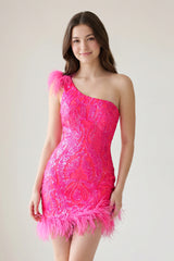Unique Bodycon One Shoulder Hot Pink Sequins Lace Short Homecoming Dresses with Feather - KissProm 