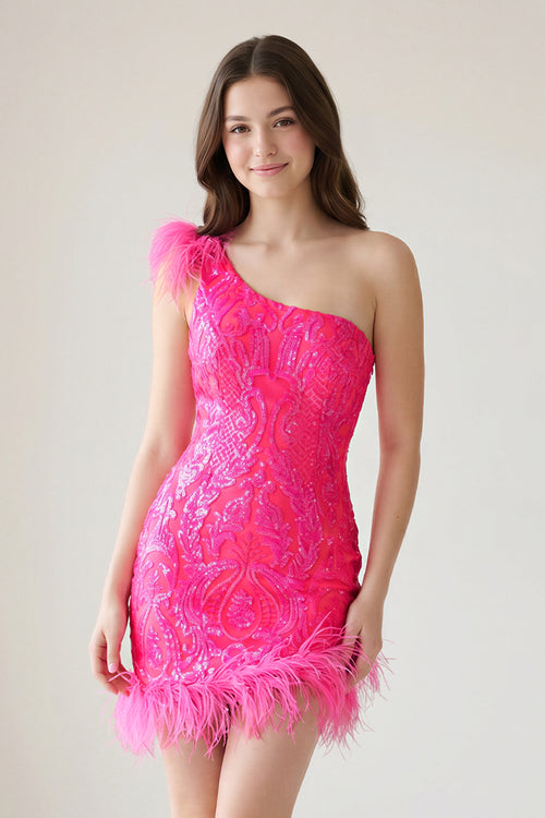 Unique Bodycon One Shoulder Hot Pink Sequins Lace Short Homecoming Dresses with Feather - KissProm 