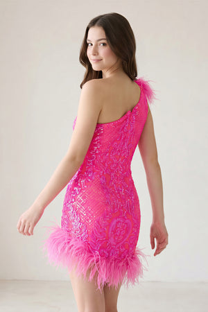 Unique Bodycon One Shoulder Hot Pink Sequins Lace Short Homecoming Dresses with Feather - KissProm 