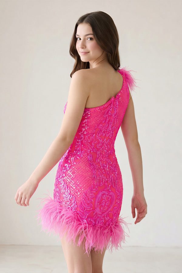 Unique Bodycon One Shoulder Hot Pink Sequins Lace Short Homecoming Dresses with Feather - KissProm 