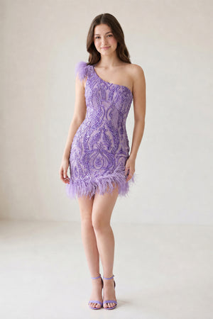 Lavender Unique Bodycon One Shoulder  Sequins Lace Short Homecoming Dresses with Feather - KISSPROM