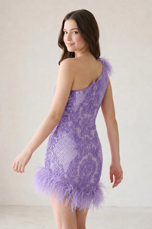 Lavender Unique Bodycon One Shoulder  Sequins Lace Short Homecoming Dresses with Feather - KISSPROM
