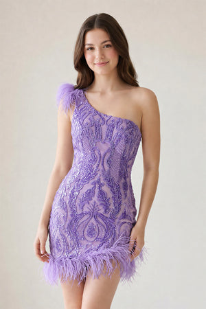 Lavender Unique Bodycon One Shoulder  Sequins Lace Short Homecoming Dresses with Feather - KISSPROM
