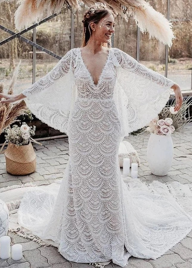 Unique Lace V - Neck Mermaid Bohemian Flare Long Sleeve Beach Bridal Gowns - KissProm
