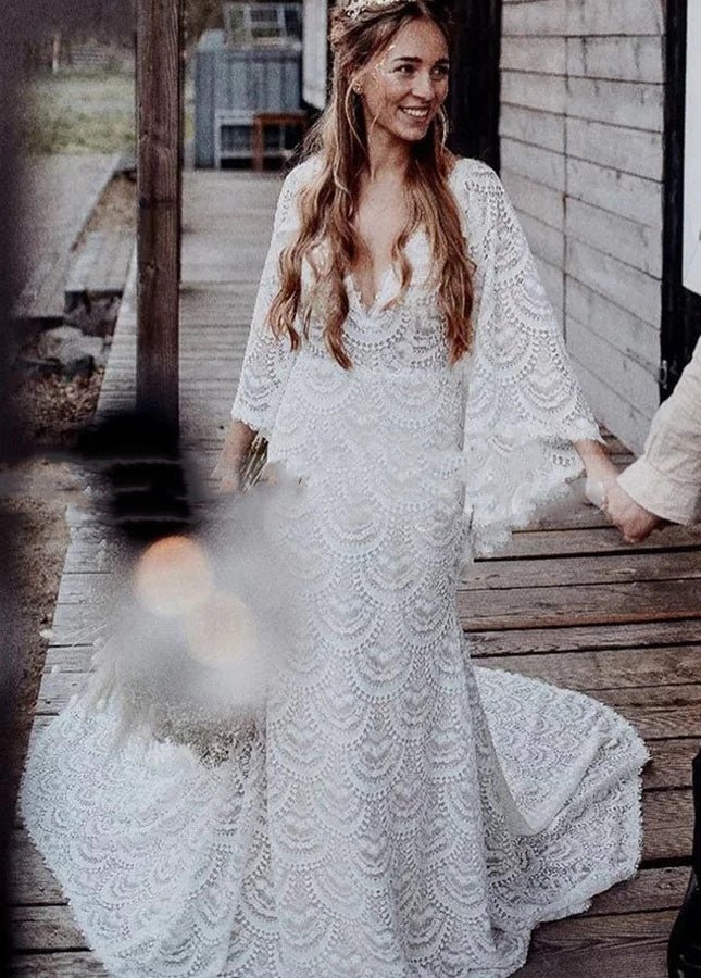 Unique Lace V - Neck Mermaid Bohemian Flare Long Sleeve Beach Bridal Gowns - KissProm