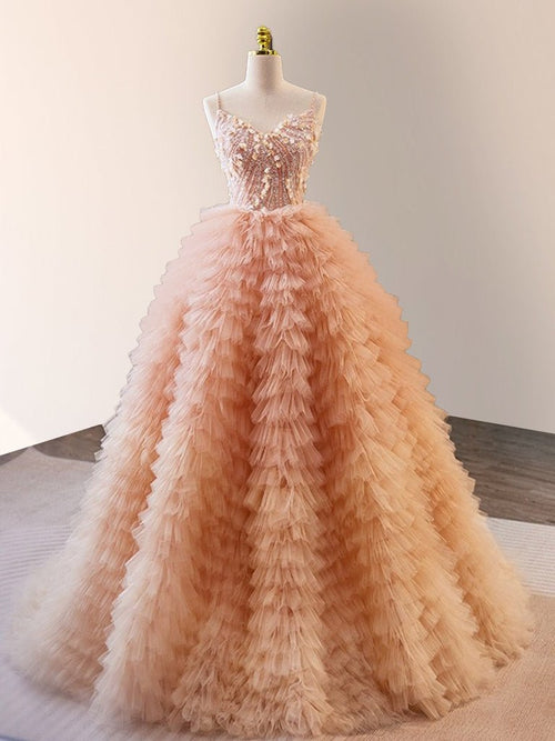 Unique Orange V Neck Tulle Sequin Orange Pink Long Quinceanera Dress - KissProm