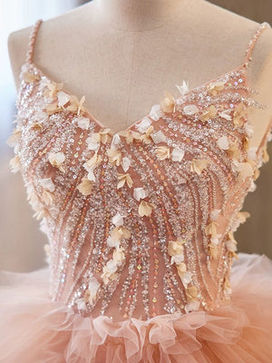 Unique Orange V Neck Tulle Sequin Orange Pink Long Quinceanera Dress - KissProm