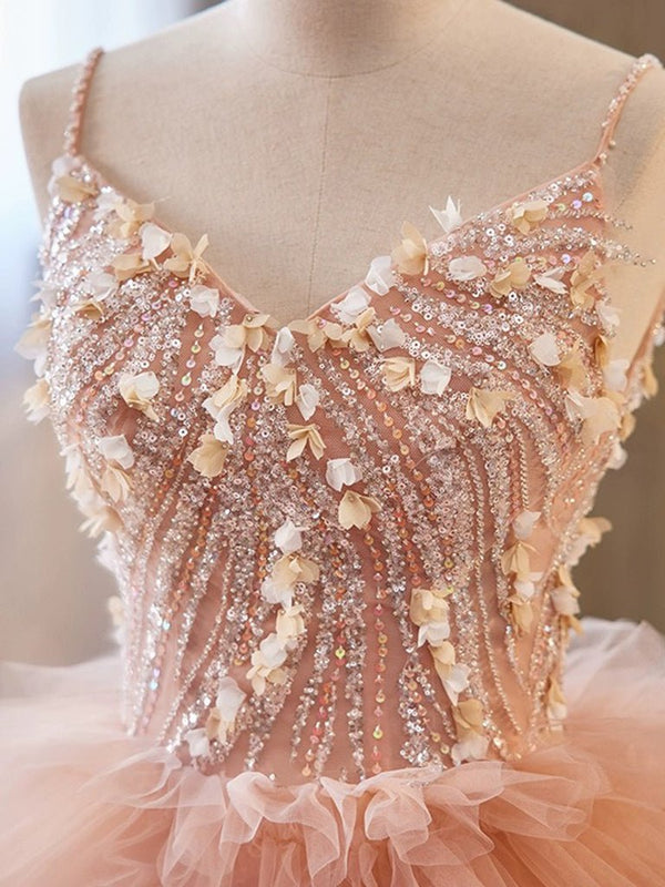 Unique Orange V Neck Tulle Sequin Orange Pink Long Quinceanera Dress - KissProm