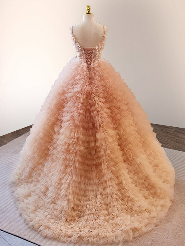 Unique Orange V Neck Tulle Sequin Orange Pink Long Quinceanera Dress - KissProm
