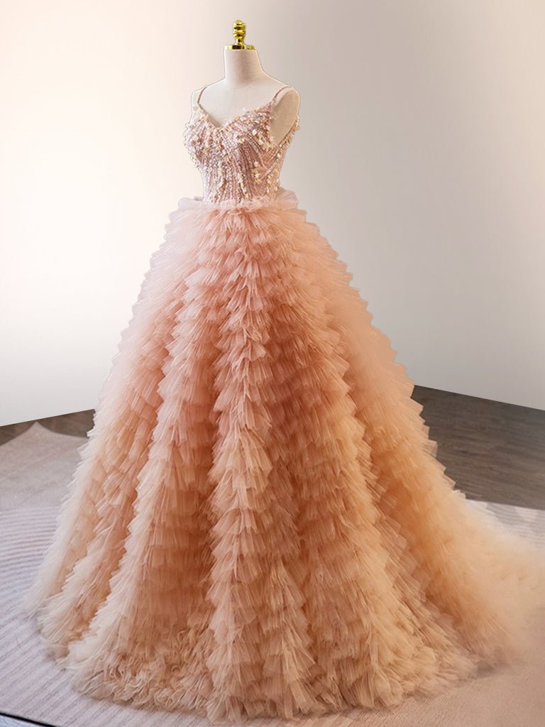 Unique Orange V Neck Tulle Sequin Orange Pink Long Quinceanera Dress - KissProm