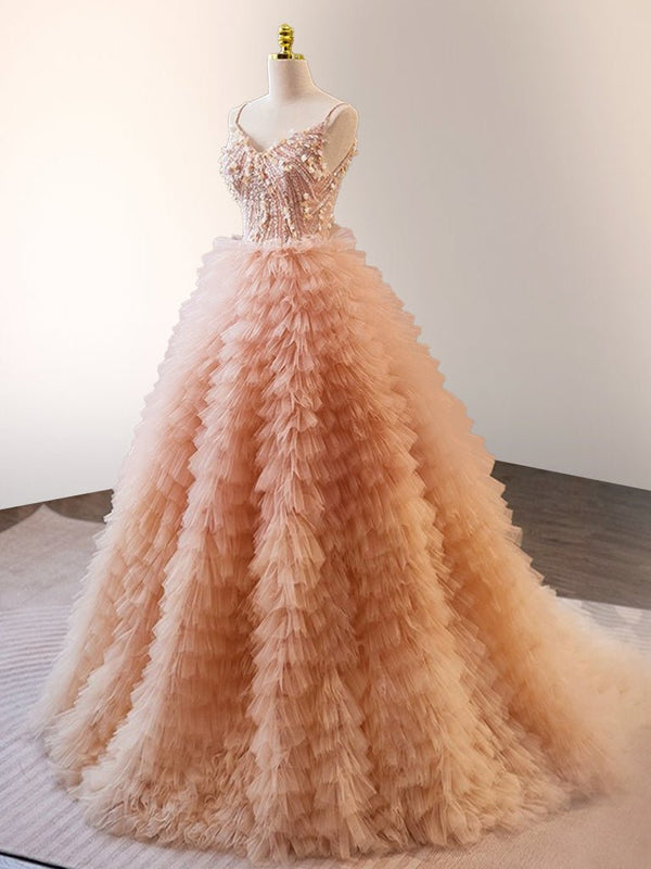 Unique Orange V Neck Tulle Sequin Orange Pink Long Quinceanera Dress - KissProm